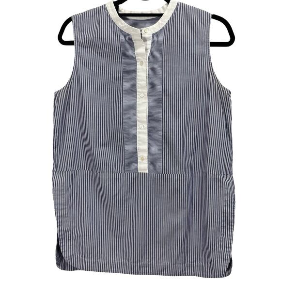 Vince Poplin Striped Button Placket Sleeveless Blue Contrast Top Size 8 - Picture 1 of 7